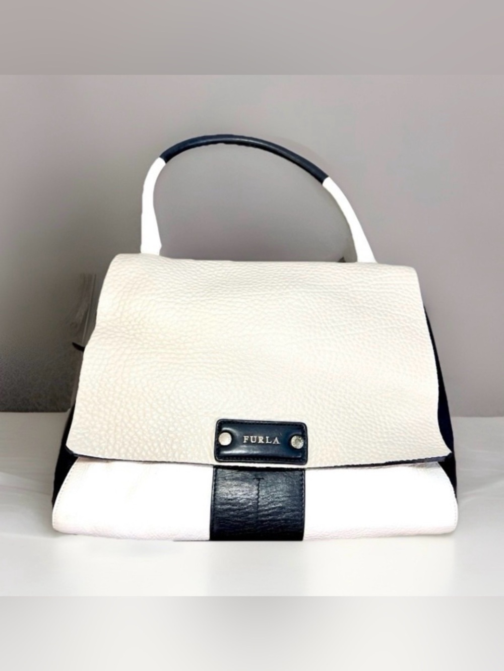 Furla Beige White Black Pebbled Leather Flap Top Handle Penelope Shoulder Bag